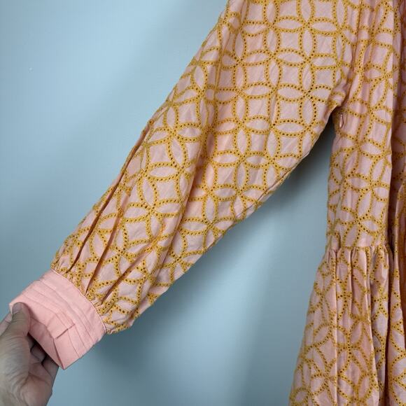 Roii Eyelet Mini Dress Medium Pink Orange Balloon Sleeve Retro Boho Eclectic Art - Picture 6 of 13